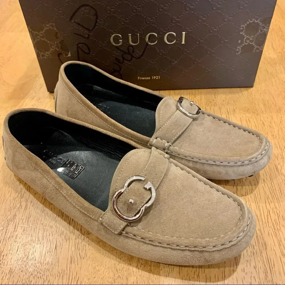 Gucci Sachalian Sport Khaki Suede Driving Loafers‎ 7.5 Men’s